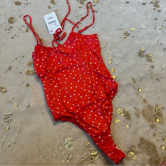 NWT Zara XS Red White Stars Lace Up Bodysuit - Picture 3 of 9